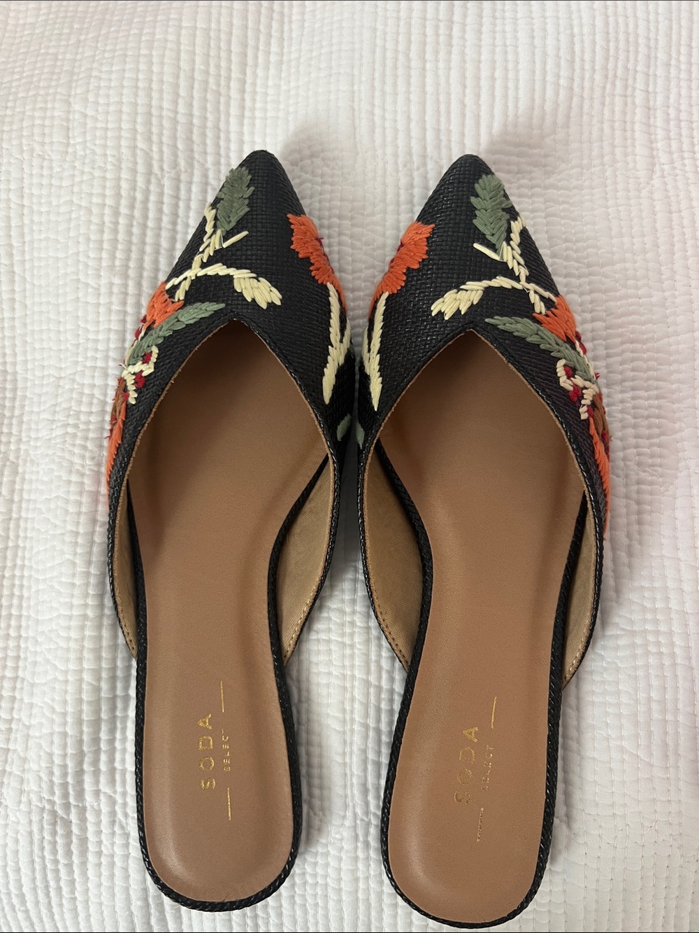 Soda Black Pointed-Toe Embroidered Slip-On Mules
